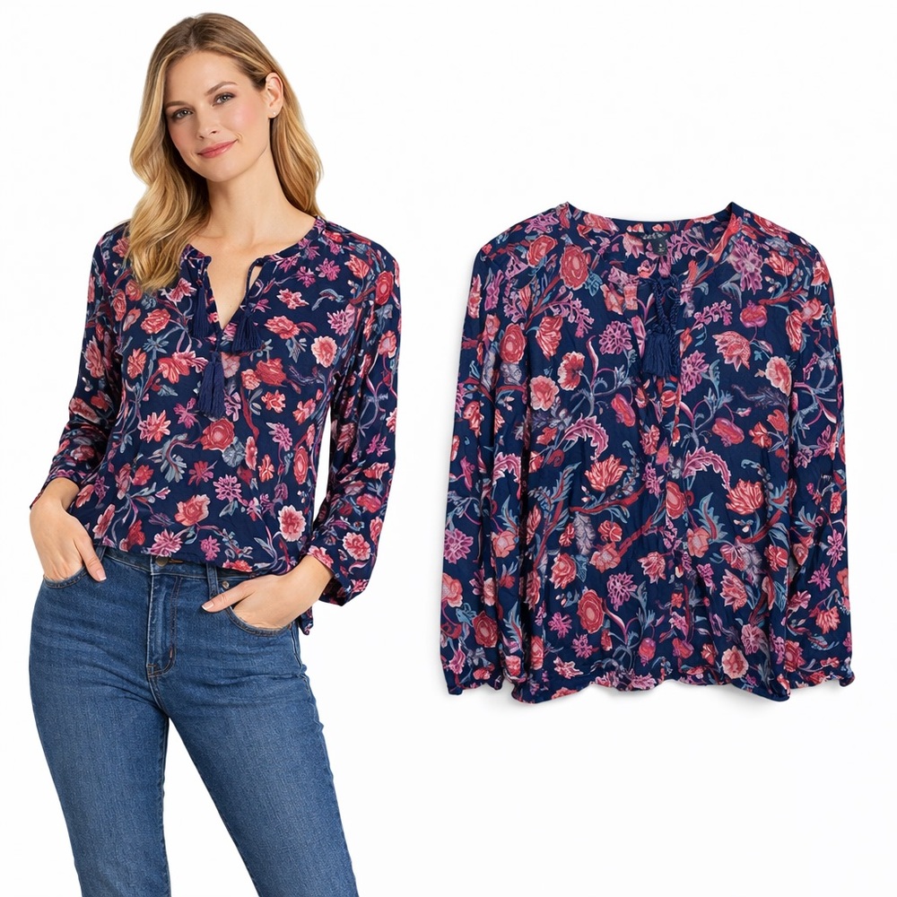 Lucky Brand Navy Floral Peasant Blouse Tassel Tie Neck Long Sleeve‎ Top Size M